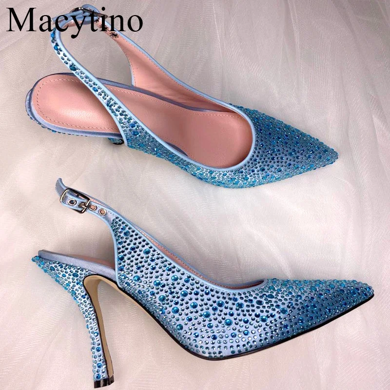 

Blue Crystal Pumps Women Shoes Slingback High Heels Wedding Shoes Bride High Heels Ladies Shoes Woman