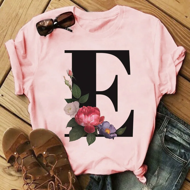 

2021 New Style T-shirt Fashion 26 Letters Pink Printed Women Tee Short Sleeved Harajuku T-shirt Female Tops Tees Clothing