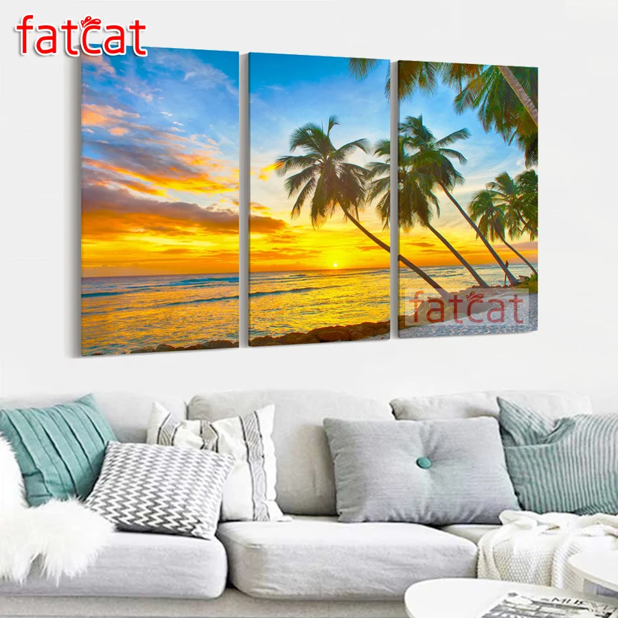 

FATCAT Sunset sea coconut tree triptych 5D Diy Diamond Painting full Drill mosaic diamond Embroidery Sale Home Decoration AE3216