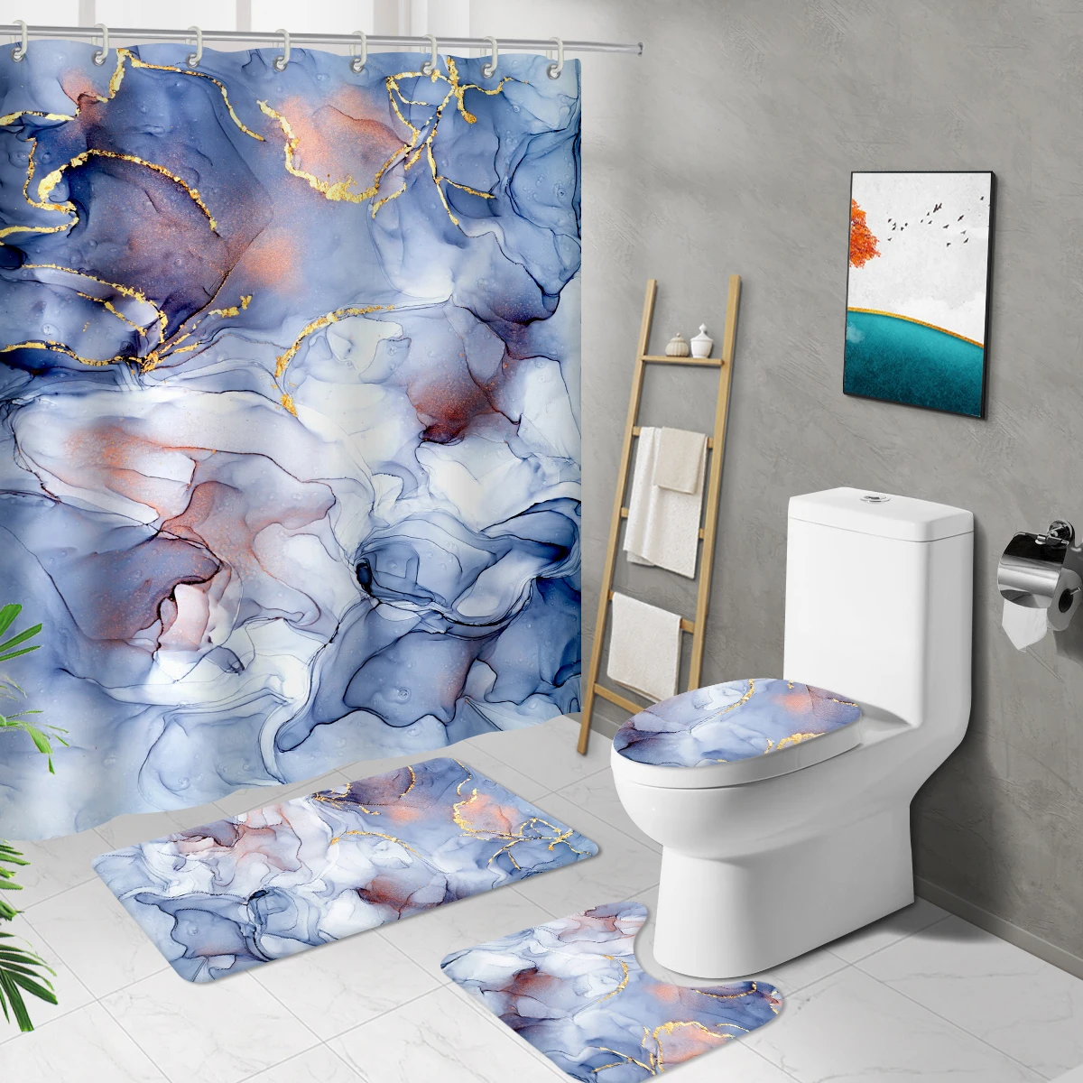 Marble Stain Print Long Shower Curtain Rail Mat Set Toilet Cover Non-Slip Bath Rug Waterproof Bed Bath and Beyond Curtain Hooks