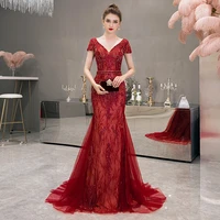 most populer red evening dresses long gown 2020 sexy v neck short sleeves lace trumpet evening party dress for women