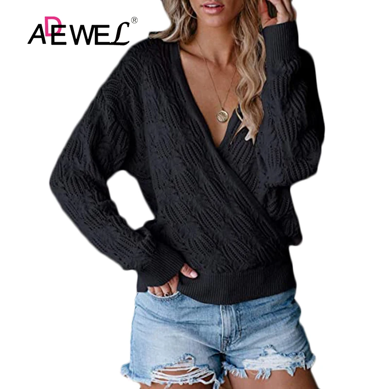 

Женский Однотонный свитер ADEWEL, размера плюс из чистого хлопка с V-образным вырезом, зимняя одежда 2XL