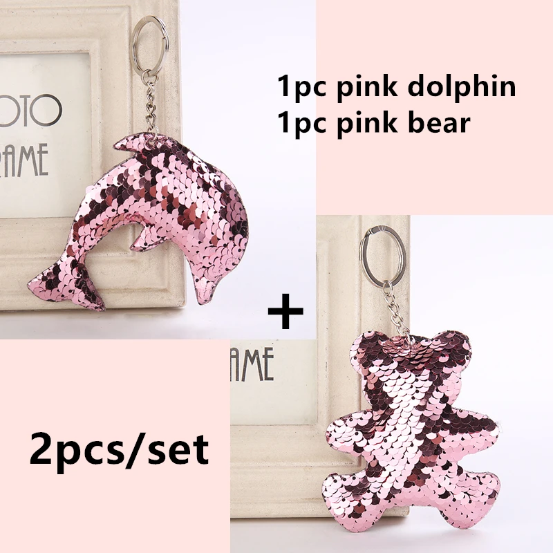 2pcs set 7 Милый Блестящий блестящий брелок в форме дельфина для девочек, подвеска в виде медведя, подарок на день рождения, Рождество, детская игрушка, сумка, украшение для автомобиля - Цвет: 2pcs set 7