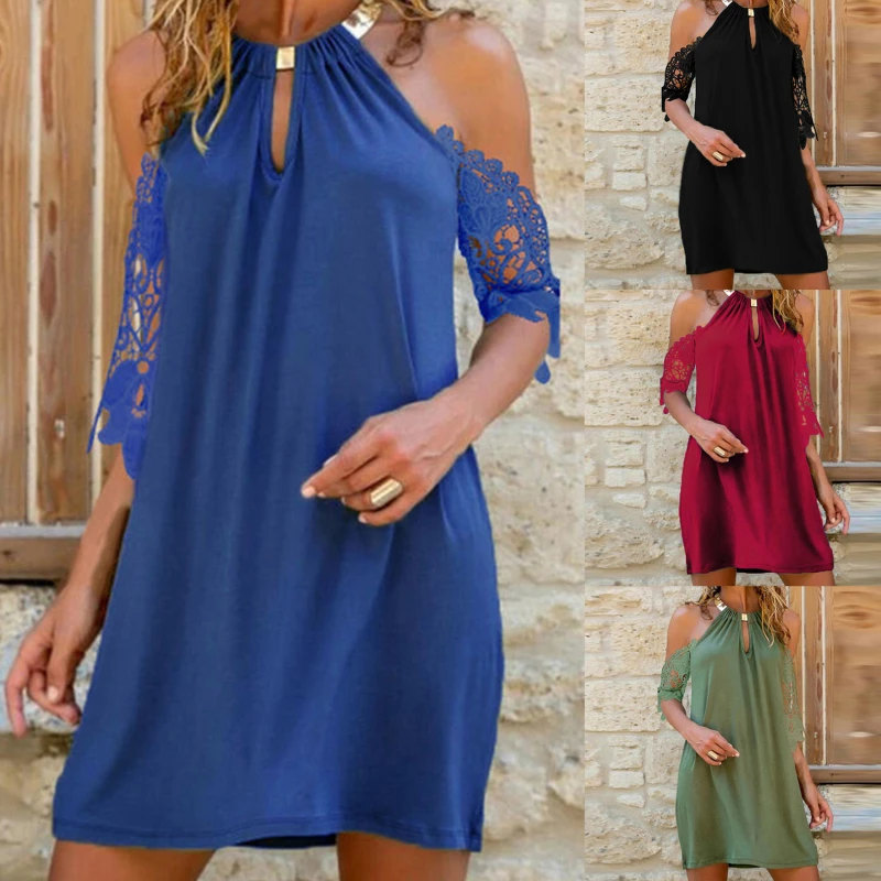 

Women Summer Embroidery Lace Half Sleeve Party Dress Fashion Sexy Off Shoulder Halter Dresses Female Casual Loose Dress