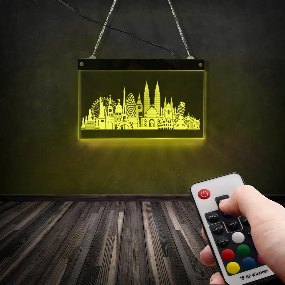 Светодиодный неоновый знак World Skylines Architecture многоцветная меняющаяся витрина для