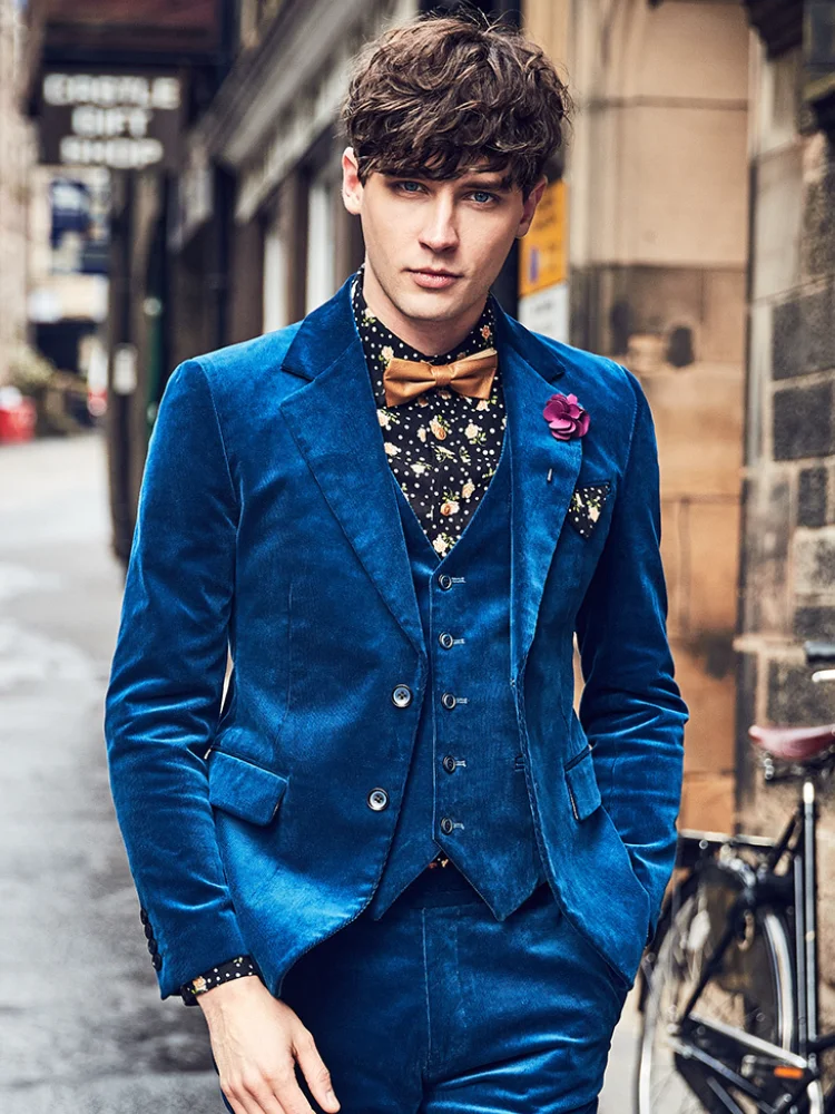 

Men's Blue Velvet Suit New Arrivals Fashion Casual Slim fit 3 Pieces Suits Prom Classic Business Tuxedo Blazer + Pant +Vest
