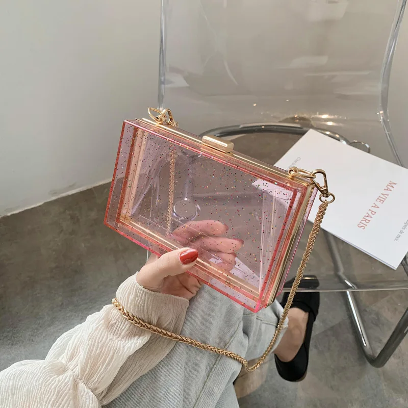 

Новый дизайн, коробка на цепочке для женщин, акриловые прозрачные модные кошельки и сумочки, сумка через плечо, Женский Повседневный клатч, ...