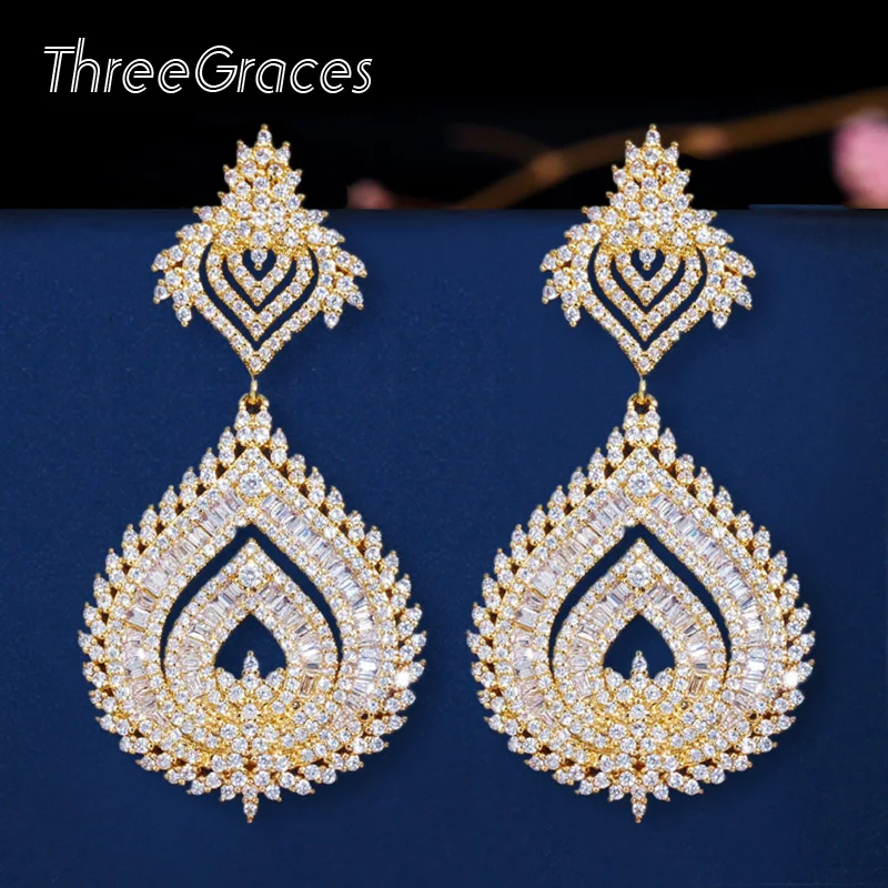 

ThreeGraces Luxury Yellow Gold CZ Classic Court Long Big Dangle Dubai Drop Earrings for Bride Wedding Party Brincos ER359