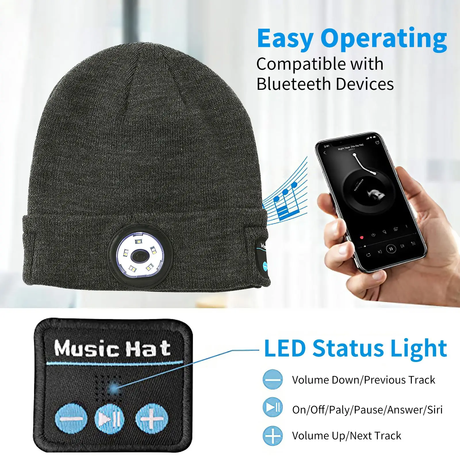 

Warm Winter Bright Knit 5 LED Beanie Hat with Light USB Rechargeable Lighted Headlamp Torch Cap Winter Running Gear Gift