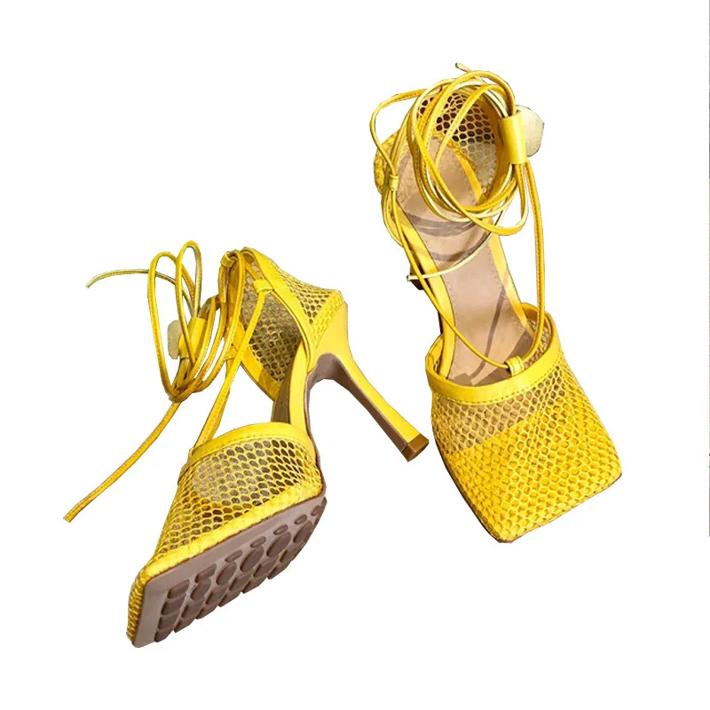 

Stiletto Heel Ankle Strap Roman Sandals 2021 New Summer Breathable Mesh Square Toe High Heels Sandals Slippers Shoes For Women