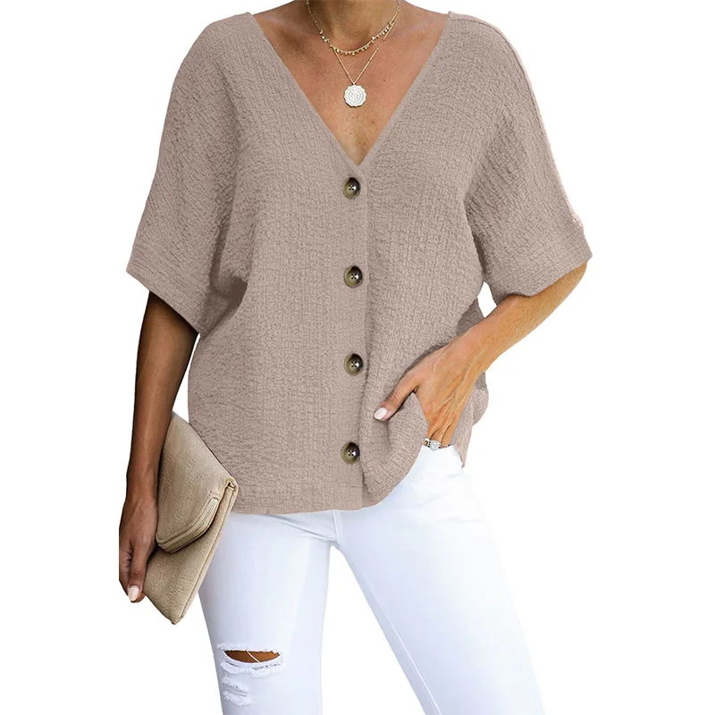 

Повседневная Свободная хлопковая блузка с V-образным вырезом и пуговицами для женщин