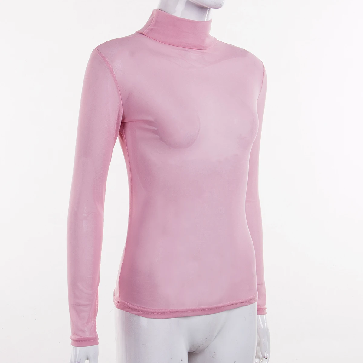 

Women Top Shirt Long Sleeve Solid Color Mock Neck Sheer Shirt Slim-Fit Mesh See Through Wild Fashion Top