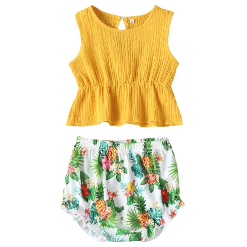

Attractive Baby Girl Summer Solid Color Sleeveless Top Printed Briefs Set soft and comfortable Baby's Sets for 3-24M baby
