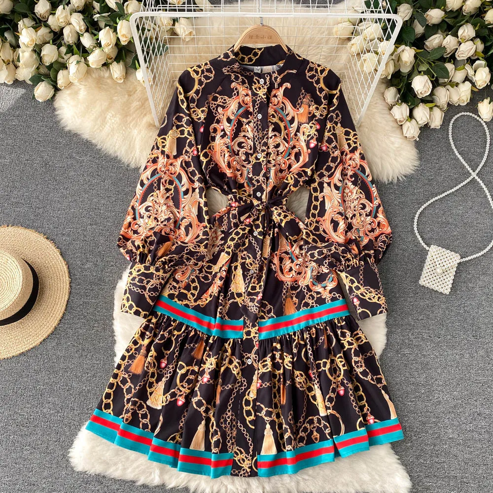 

Vintage Single-breasted Stand Collar Long Lantern Sleeve Chain Printed Midi Dress Runway Design Women Autumn Spring Dress S65669