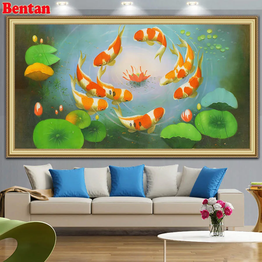 Алмазная живопись сделай сам большая китайская мозаика из 9 кои рыбы лотоса