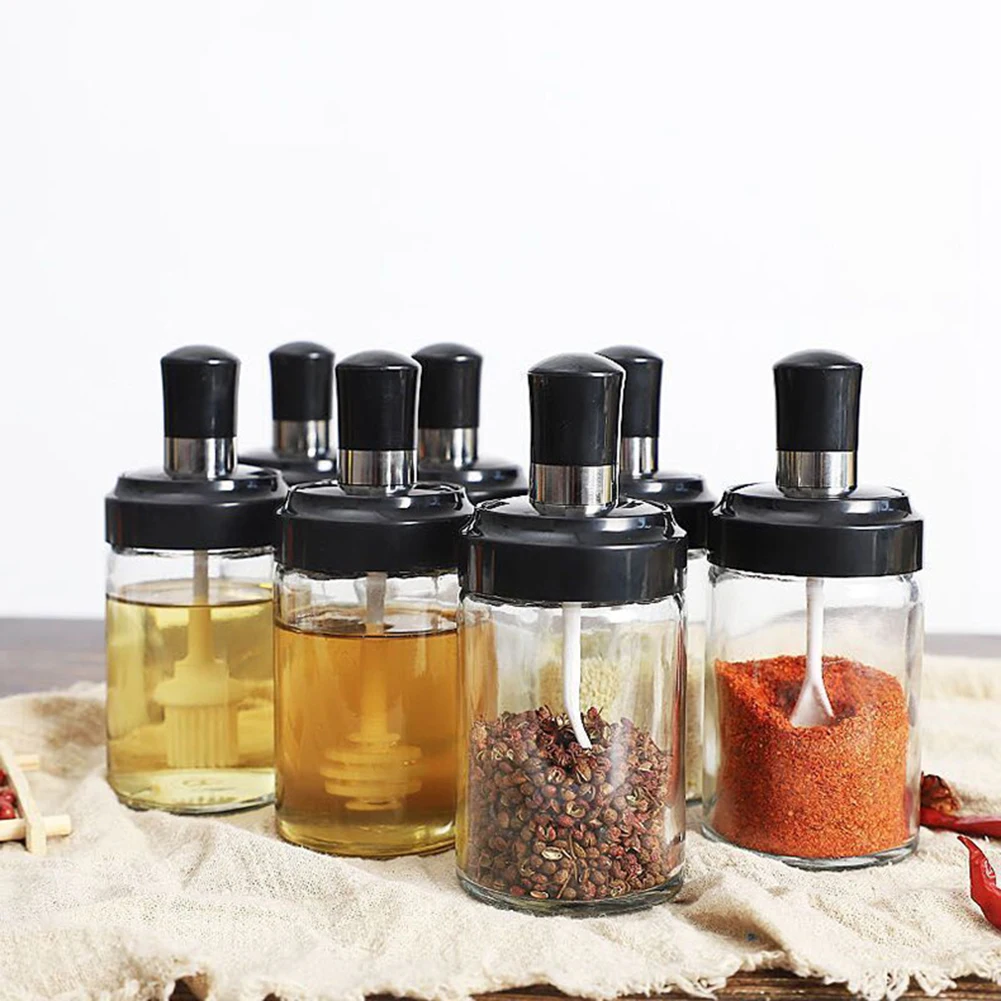 

Glass Seasoning Box with Lid Spice Jar with Spoon Bar Brush Combination Spice Jar Kitchen Supplies Home Salt Shaker Oil Bottle