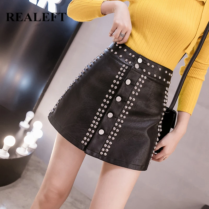 

REALEFT 2021 Autumn Winter PU Leather Shorts Skirt Women Korean Style High Waist Back Pockets Rivet A-line Leather Skirt Female