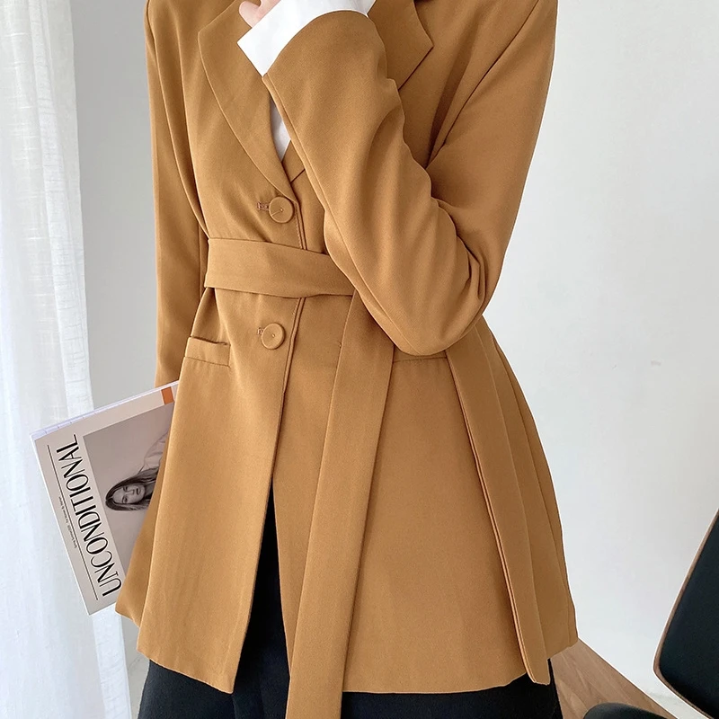 

YOSIBCD Women 2021 Fashion With Belt Single Breasted Blazer Coat Vintage Long Sleeve Pockets Female Outerwear Chic Tops