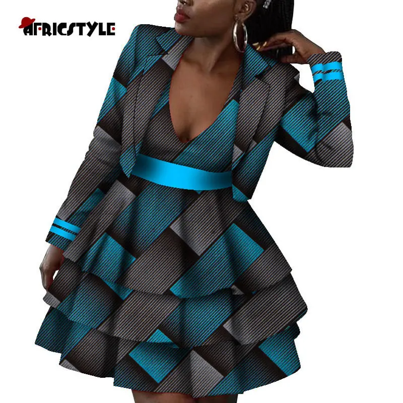 African Jacket and Dress 2-piece Set for Women Perfect Quality Print Plus Size Clothes WY8811 | Тематическая одежда и