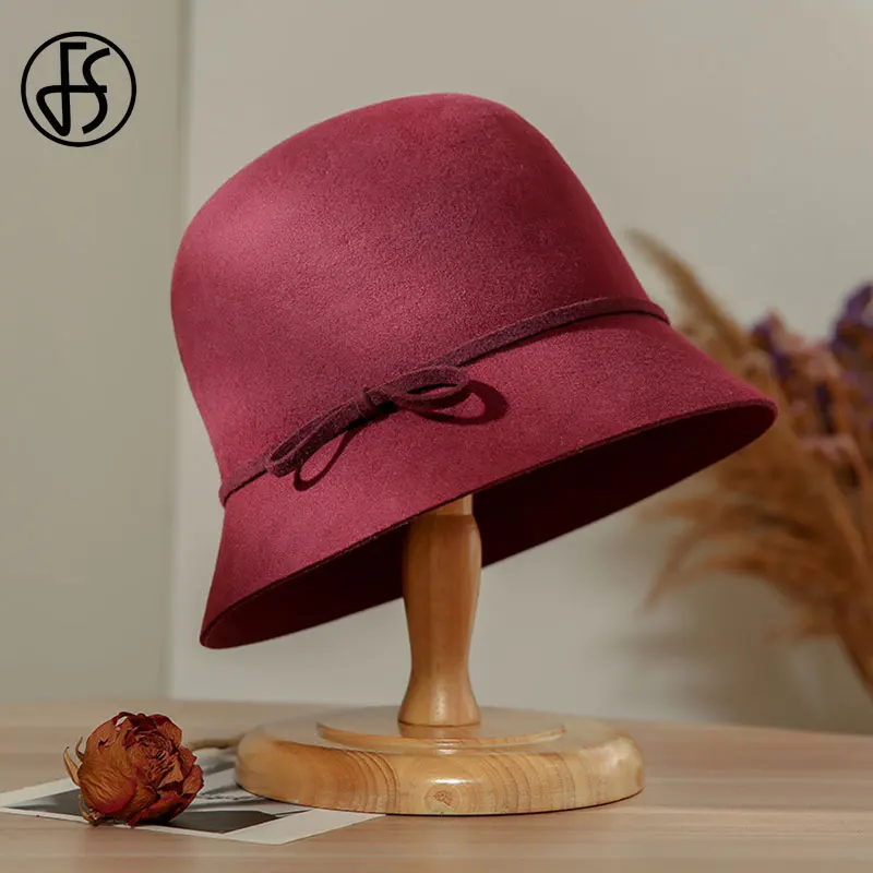 

FS Winter Hats For Women 2020 Black Wide Brim Fedora Hats 100% Wool Vintage Felt Cloche Hat bowknot Elegant Lady Church Caps