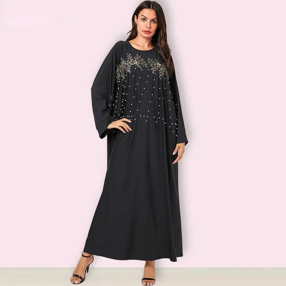 

2021 Muslim Demure and Comfortable Arab Women's Dress In Color Embroidered Nail Bead Long Sleeves Casual Dress Abaya