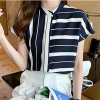 ljsxls irregular striped chiffon blouse womens summer simple stand collar short sleeve shirts female black loose tops women 2021