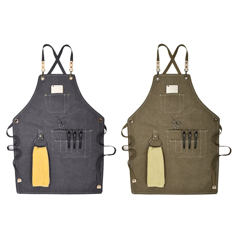 

New Canvas Work Unisex Multifunctional Tool Aprons with Pockets Back Cross Workshop Apron for Carpenters Gardener Barber Chefs
