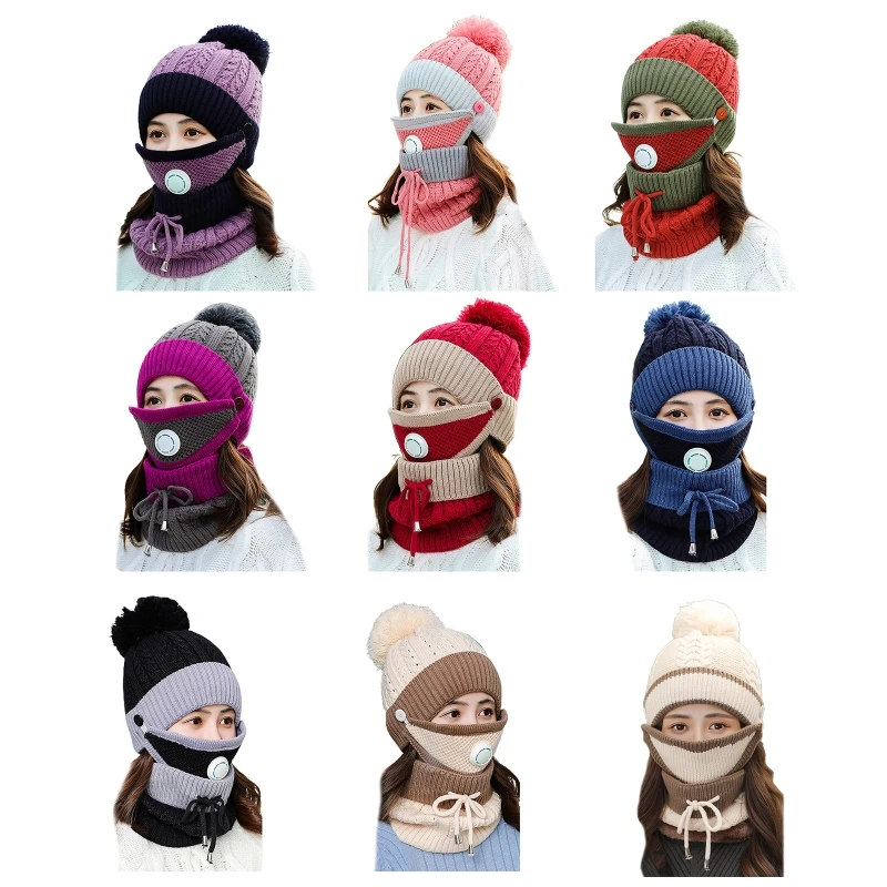 

3 In 1 Winter Beanie Hat Scarf Face Mask Set Knit Plush Lined Skull Cap Warmer X5XA