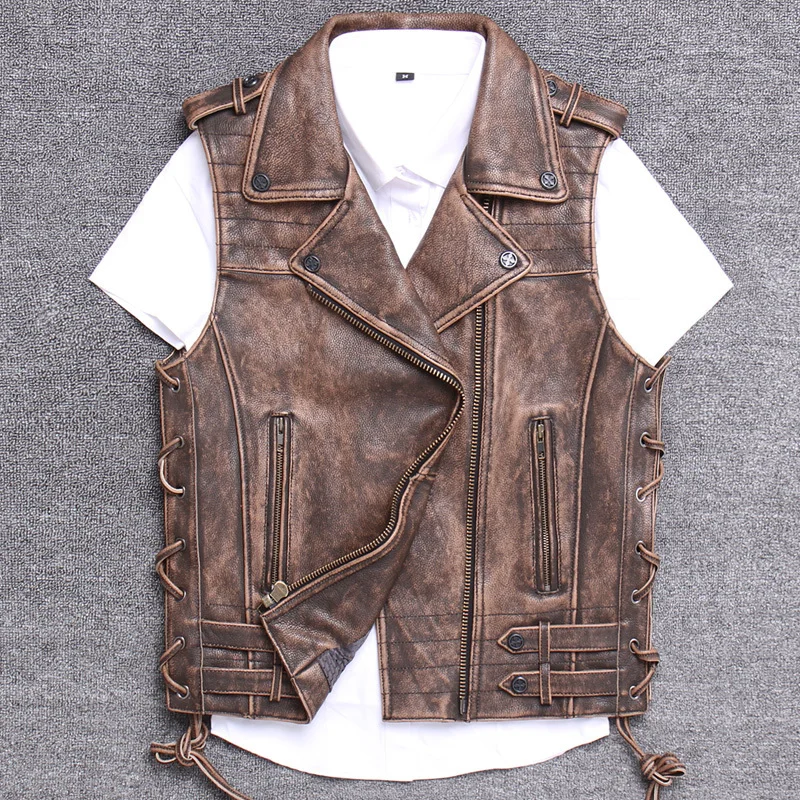 

2020 Retro Brown Men Ameican Motorcylce Leather Plus Size XXXXL Genuine Cowhide Autumn Slim Fit Biker's Vest FREE SHIPPING