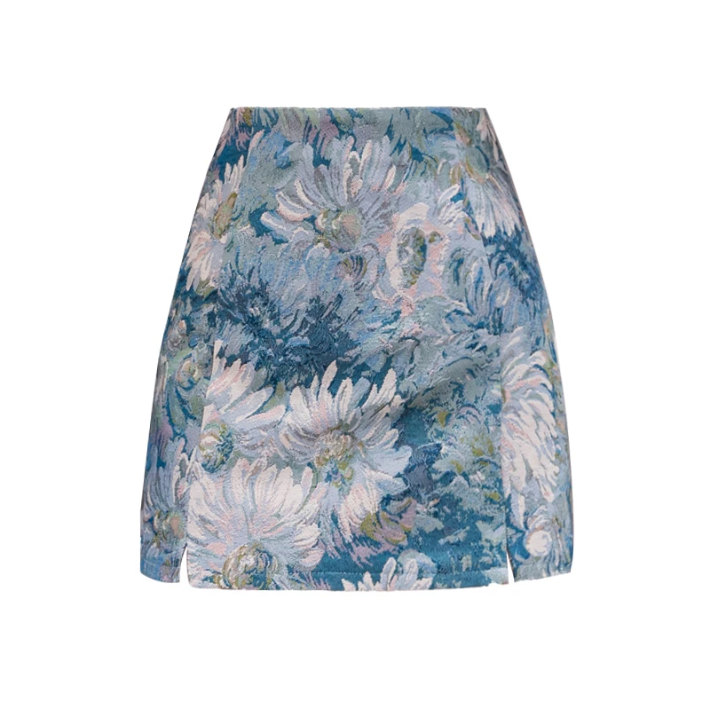 

Women High Waist Vintage Skinny Temperament Pencil Skirts Blue Floral Print Summer Office Elegant Ink Female Sexy New Mini Skirt