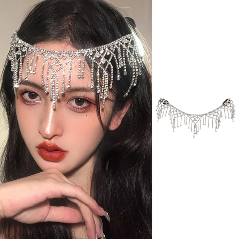 

Wedding Bridal Metal Alloy Head Chain Glitter Rhinestone Geometric Tassel Forehead Headband Party Jewelry Headpiece