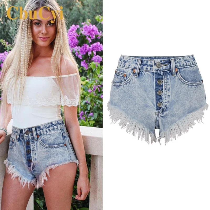 

Summer Women Beachwear Shorts High Waist Button Washed Snowflakes Jeans Shorts Women Vacation Ripped Cotton Denim Biker Shorts