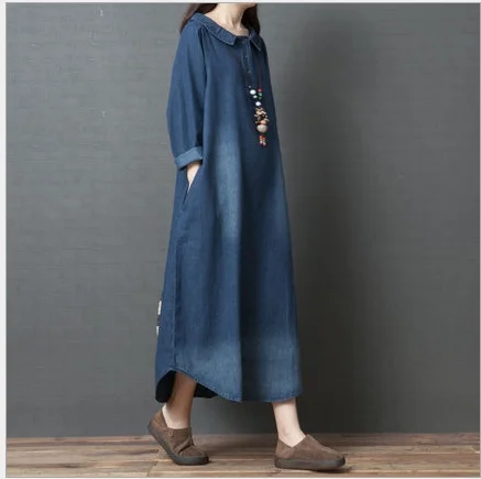 

Spring New Denim Long Dress 2022 Loose Turn-down collar Long Sleeve Cotton Blue Dress