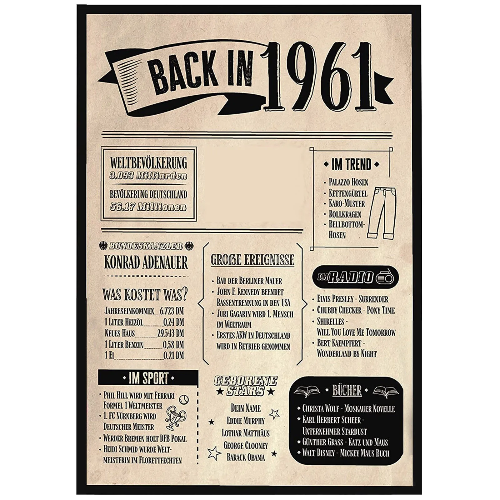 Деревянный постер с изображением старой газеты подарок на день рождения 80 го