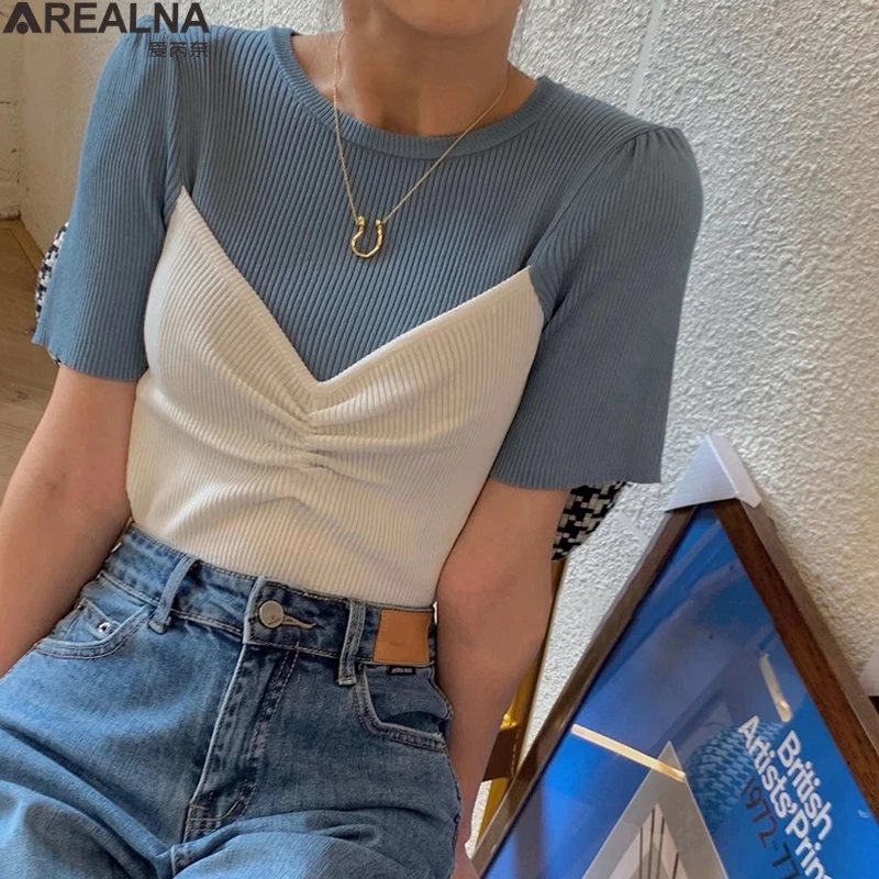 

Летние вязаные топы, свитер с коротким рукавом и круглым вырезом, рубашки, имитация двух частей, лоскутные женские эластичные укороченные т...