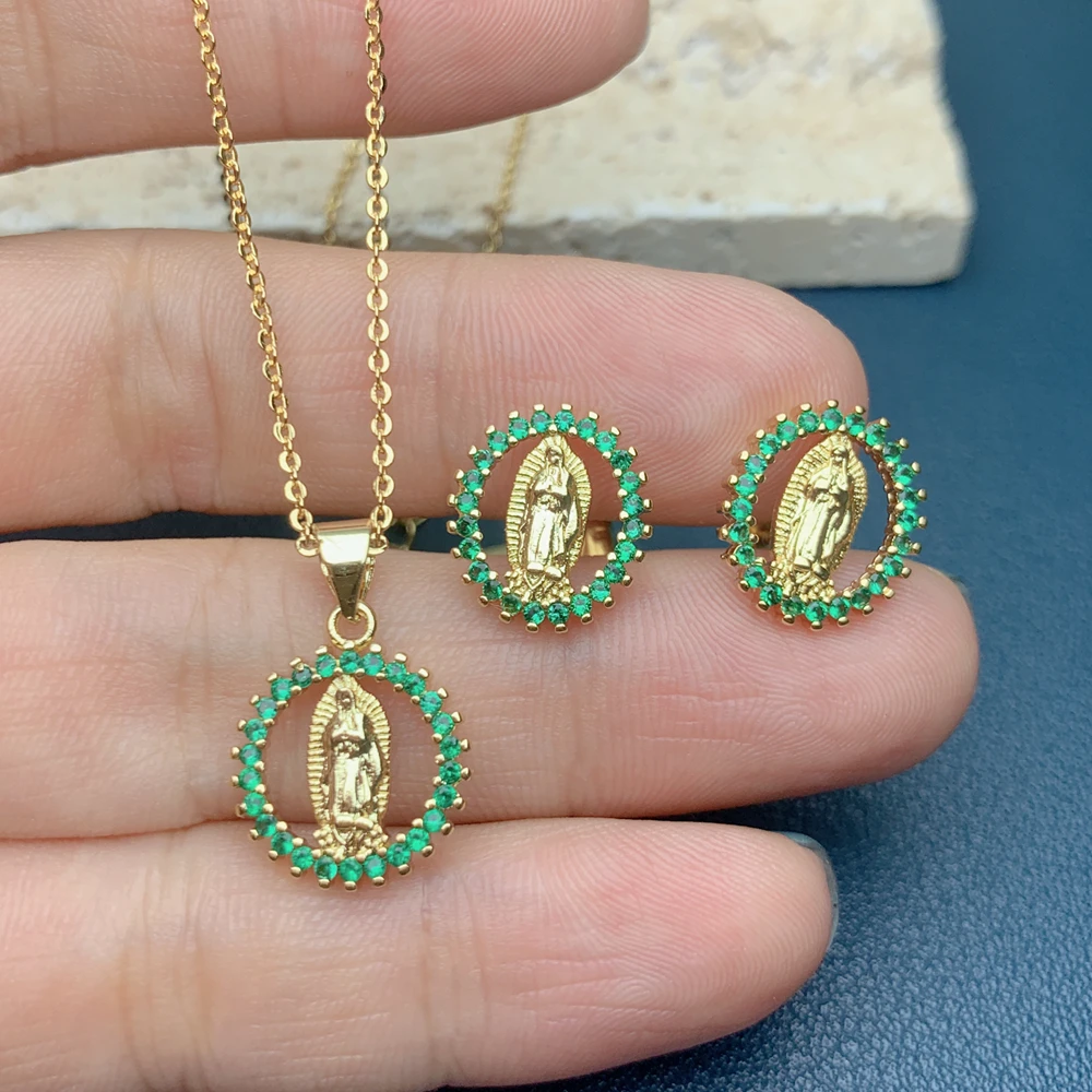 

Shiny Rhinestone CZ Holy Guadalupe Virgin Necklace Earing Jewelry Sets For Women 2021 Fashion Oval Charm Two Piece Suit Gifts