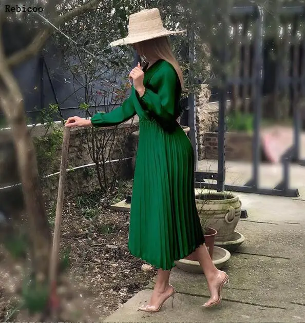 Женское длинное атласное платье с V-образным вырезом и длинным рукавом | Женская