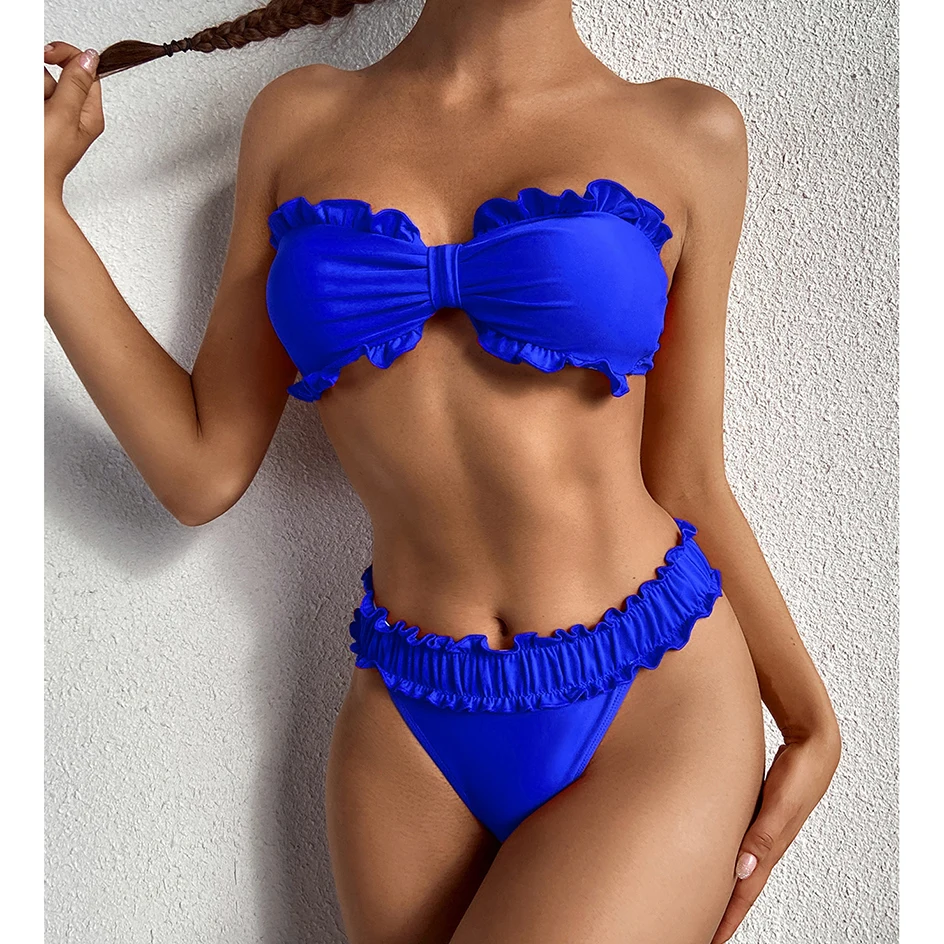 

Sexy Women`s Swimsuit 2021 Bikini Pleated Bandeau Female Swimwear Thong Bikinis Set Bather Swimming Beach Wear for Bathing Suit