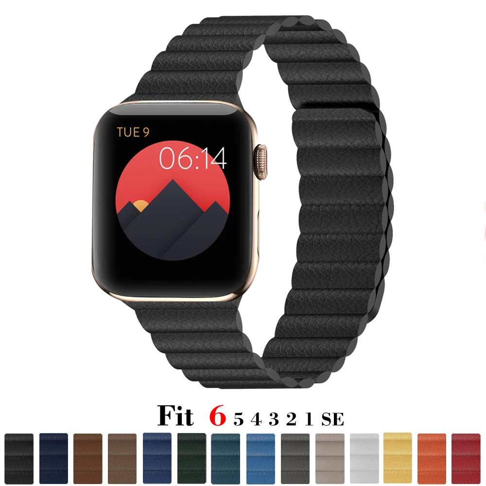 Ремешок кожаный для Apple Watch band 44 мм 40 38 42 магнитный браслет iWatch Series 3 4 5 se 6|Ремешки
