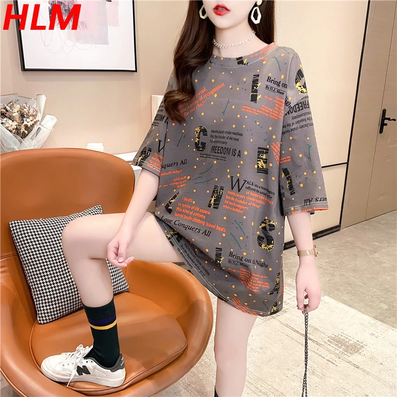 

HLM Letter Print Loose Women T-shirt Half-Sleeved Harajuku Korean Hip Hop T Shirt Women Streetwear Oversized Tshirt
