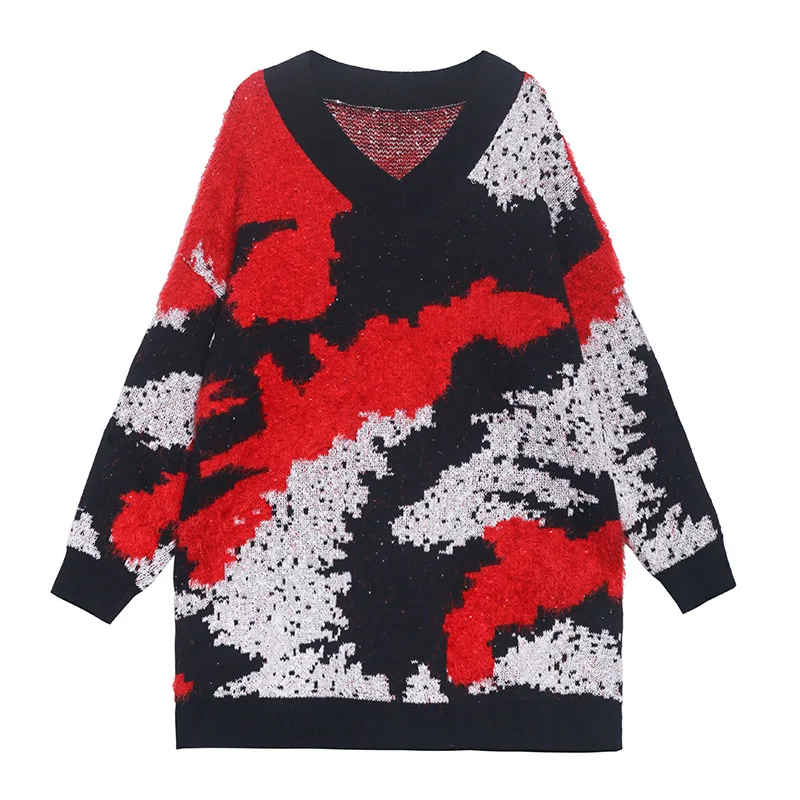 

Blue Red Women Fashionable Sweater 2021 Women Patchwork Color Sweater Female V Knitted Knitted Sweater C396