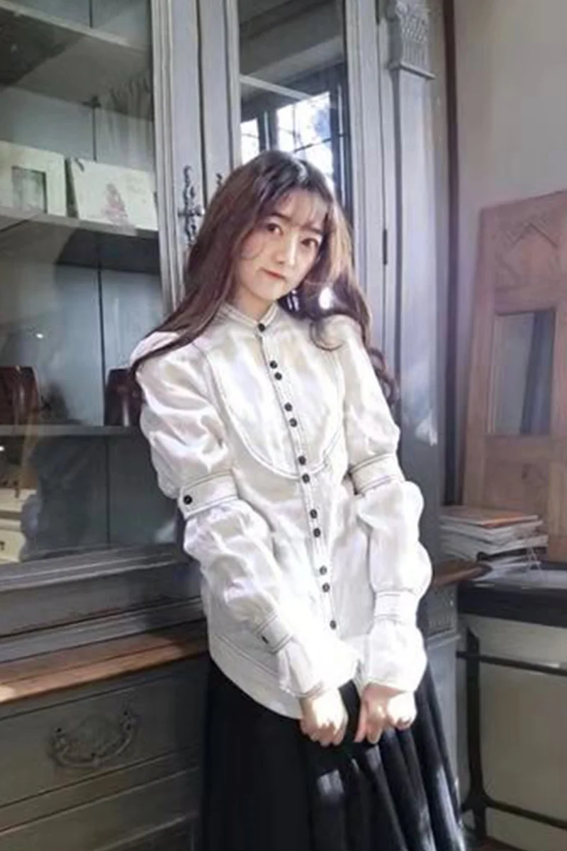 

DEAT 2021 new spring and autumn fashion lantern sleeves single breasted shirt stand collar female top clothing tide WN60700