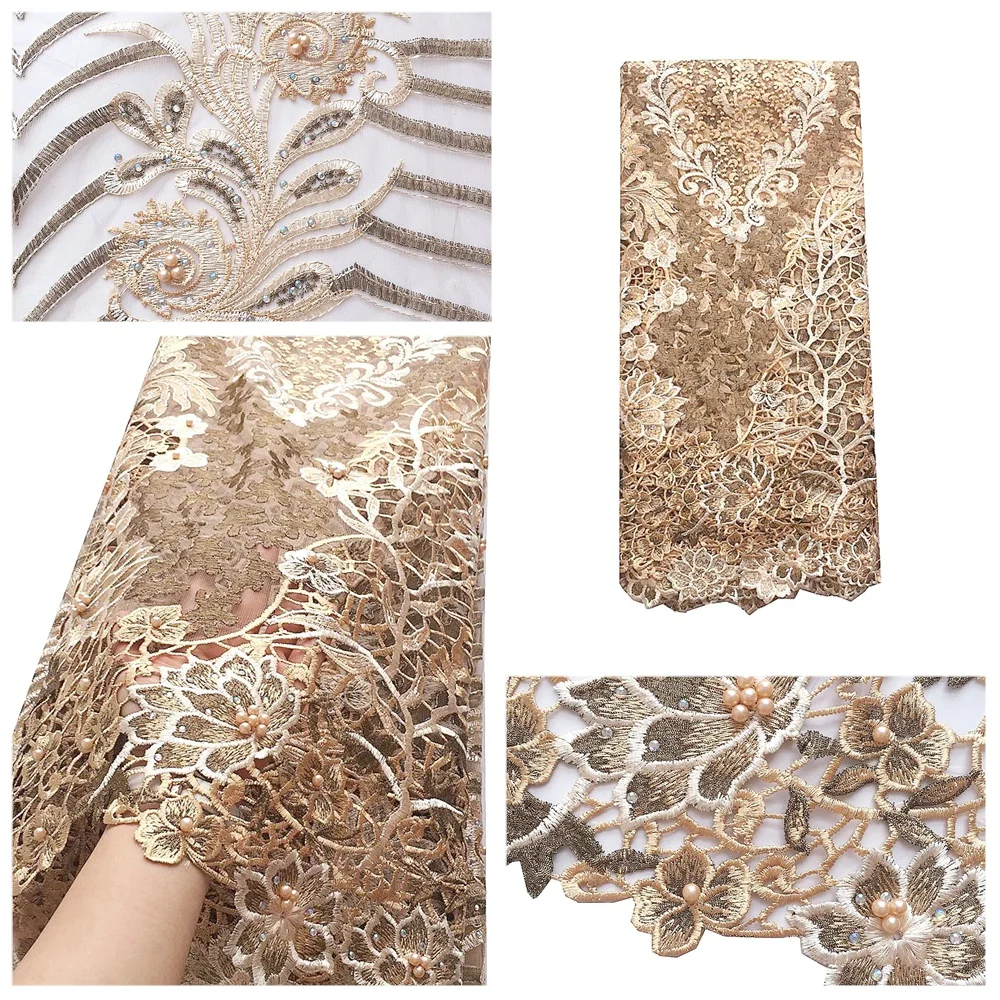 Швейцарский шнур материал африканская гипюровая кружевная ткань бусины золотая