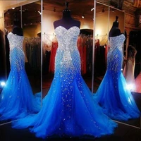 2020 prom dresses mermaid sweetheart evening dresses wear royal blue crystal major beading tulle long plus formal prom gowns