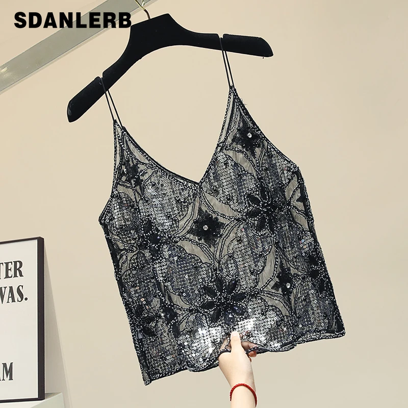 

Женский укороченный топ на бретельках, Модная трикотажная Черная майка с блестками и бусинами, Базовая рубашка, лето 2021