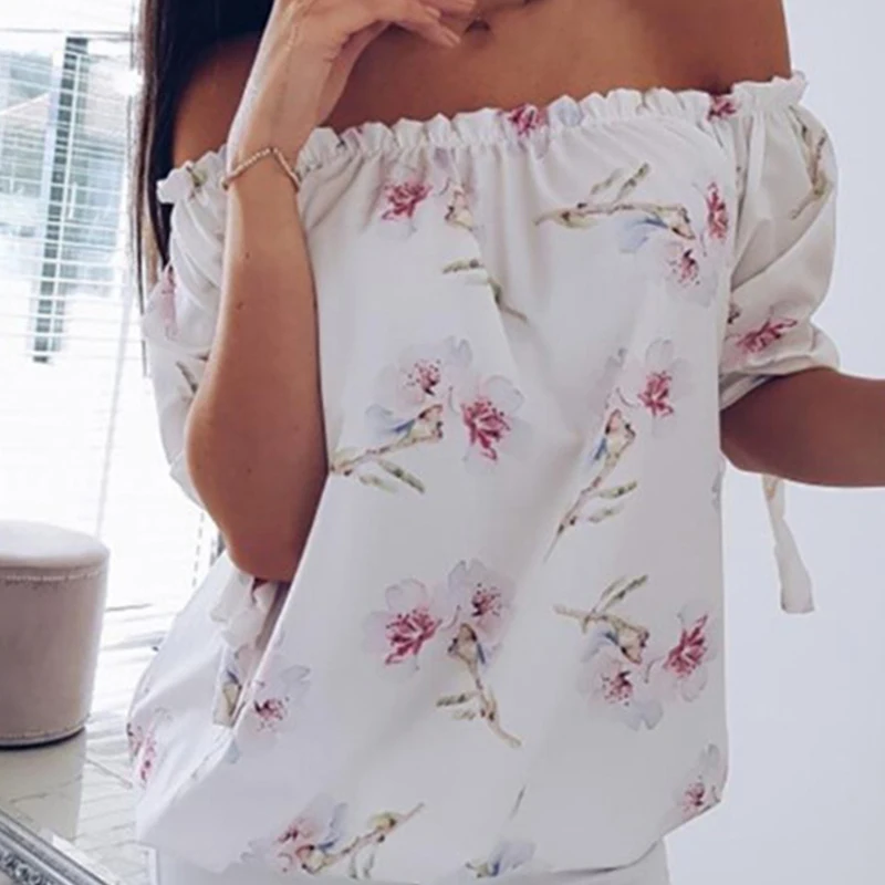Spring Womens Floral Off Shoulder Tops New Ladies Sexy Large Size Pink White T-shirt Autumn Woman 3/4 Sleeve T Shirts | Женская одежда