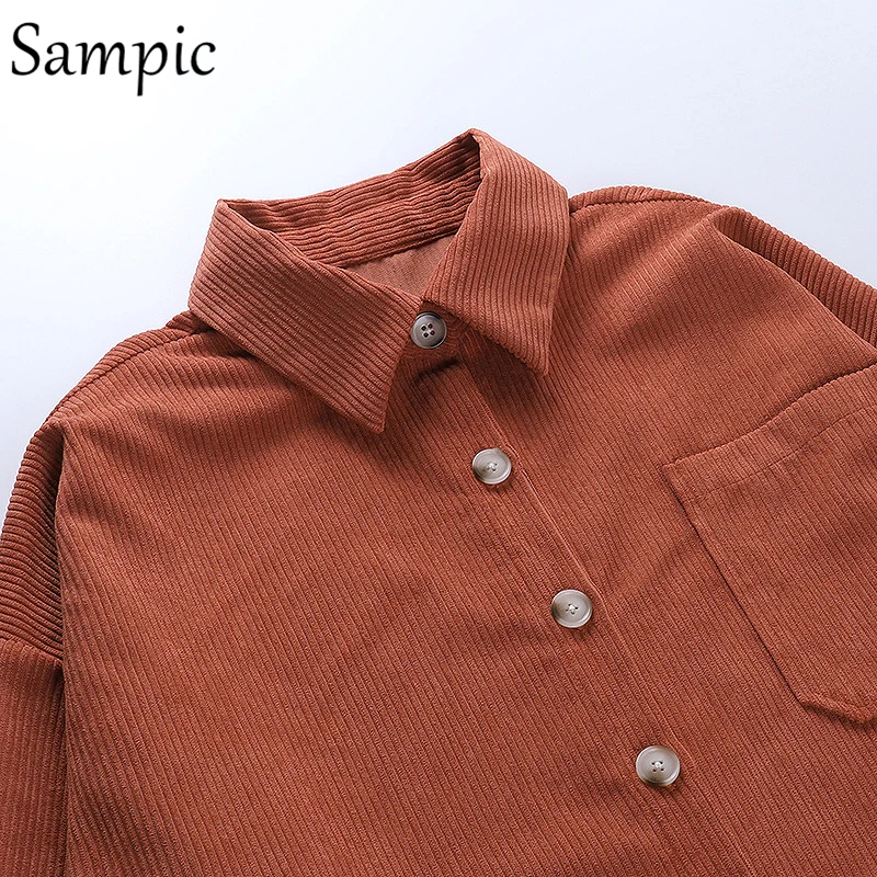 

Sampic Corduroy Cardigans Women 2021 Long Sleeve Turn Down Collar Loose Long Blouse Shirt Autumn Winter Casual T Shirt Tops