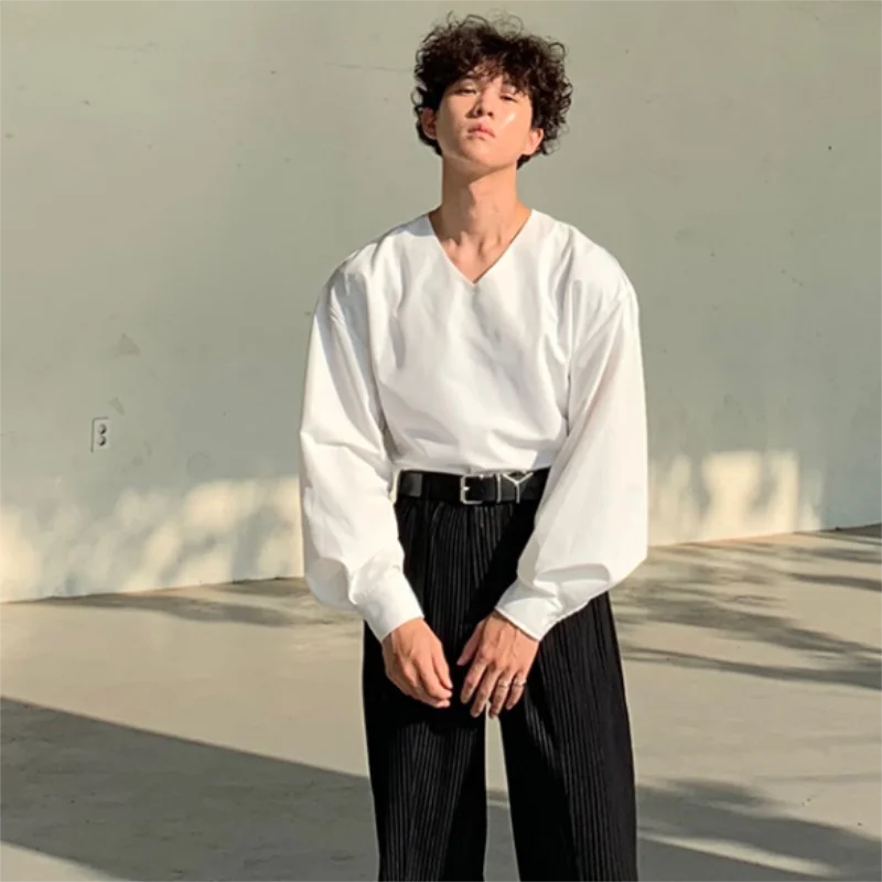 Men's shirt temperament loose large size V collar shirt Korean edition fashion bottom shirt solid color new shirt