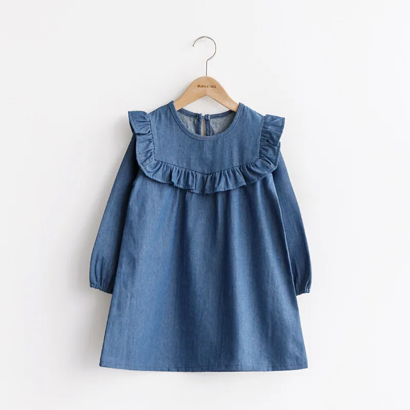 4 to14 yrs kids &amp teenager girls ruffle denim dress long sleeve cotton casual blue children fall winter princess vestidos | Детская
