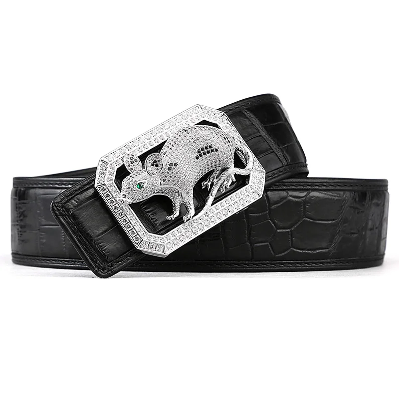 mouse black McParko Crocodile Belt Mens Leather Belts With Buckle Luxury Animal Design Genuine Leather Waist Belt with rhinestones Buckle - Цвет: mouse black